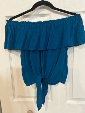 Express Teal Peasant Off-Shoulder Blouse
